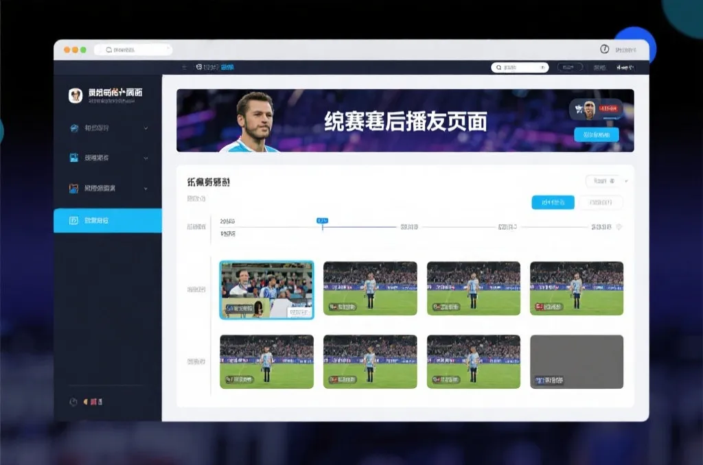 比赛结束后，电视屏幕展示集锦回放页面，旁边有时间轴和多角度切换提示